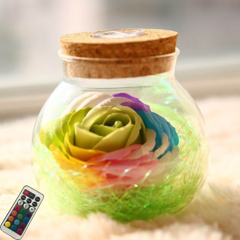 Rose Wishing Bottle Lamp ? Handcrafted Glass Jar with Preserved Soap Rose & RGB Lights