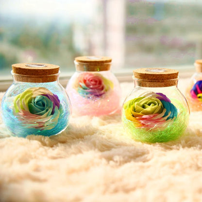 Rose Wishing Bottle Lamp ? Handcrafted Glass Jar with Preserved Soap Rose & RGB Lights