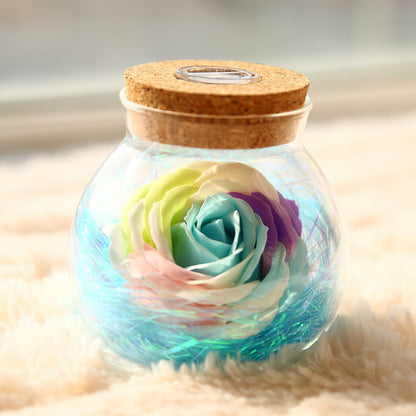 Rose Wishing Bottle Lamp ? Handcrafted Glass Jar with Preserved Soap Rose & RGB Lights