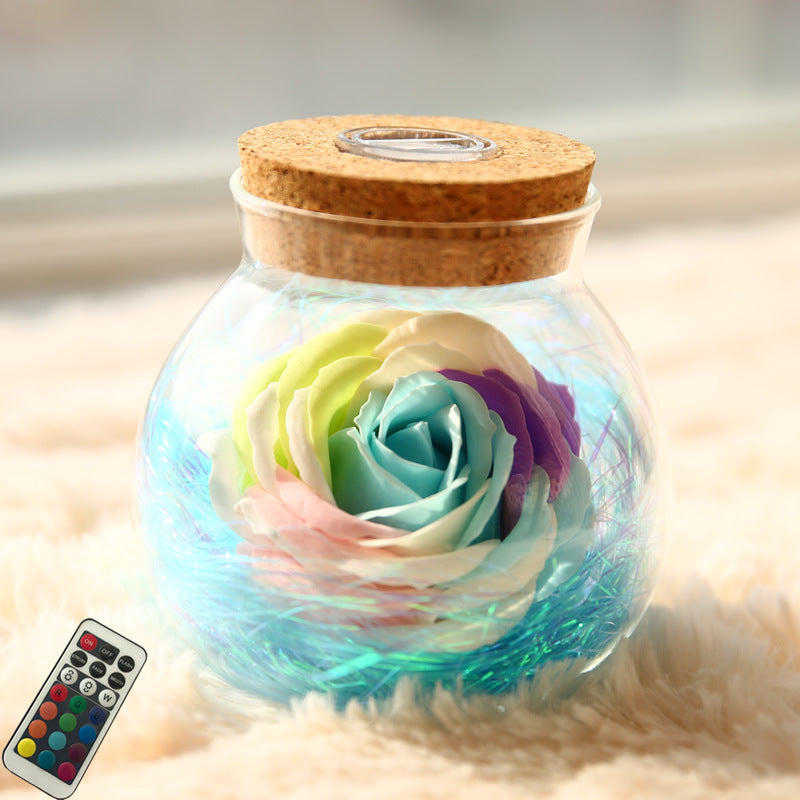 Rose Wishing Bottle Lamp ? Handcrafted Glass Jar with Preserved Soap Rose & RGB Lights