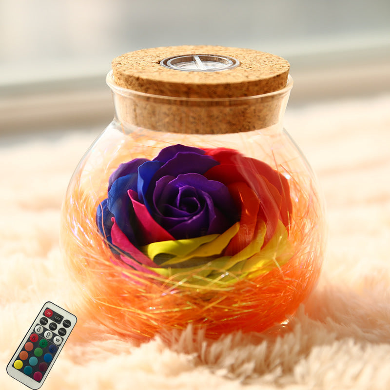 Rose Wishing Bottle Lamp ? Handcrafted Glass Jar with Preserved Soap Rose & RGB Lights