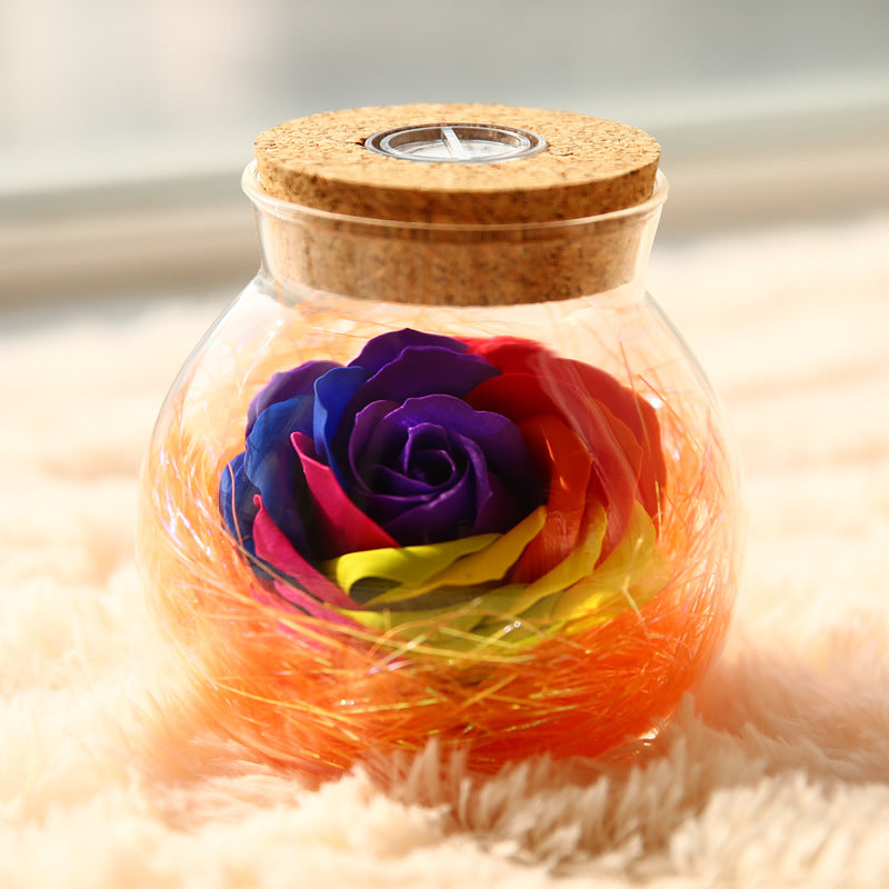 Rose Wishing Bottle Lamp ? Handcrafted Glass Jar with Preserved Soap Rose & RGB Lights