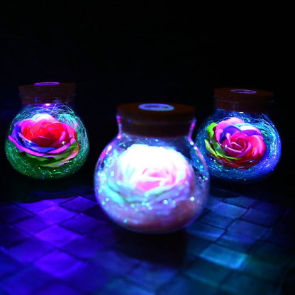 Rose Wishing Bottle Lamp ? Handcrafted Glass Jar with Preserved Soap Rose & RGB Lights