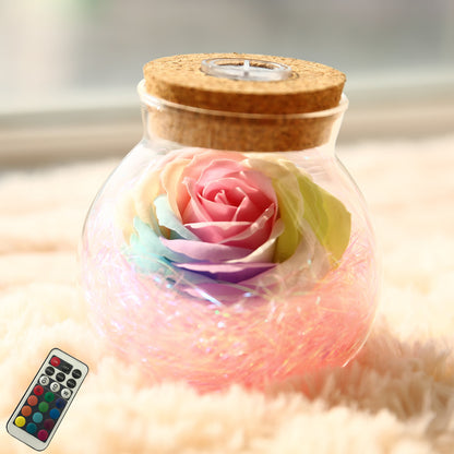 Rose Wishing Bottle Lamp ? Handcrafted Glass Jar with Preserved Soap Rose & RGB Lights