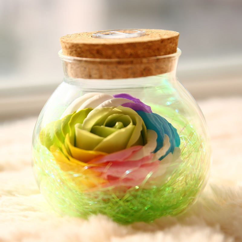 Rose Wishing Bottle Lamp ? Handcrafted Glass Jar with Preserved Soap Rose & RGB Lights