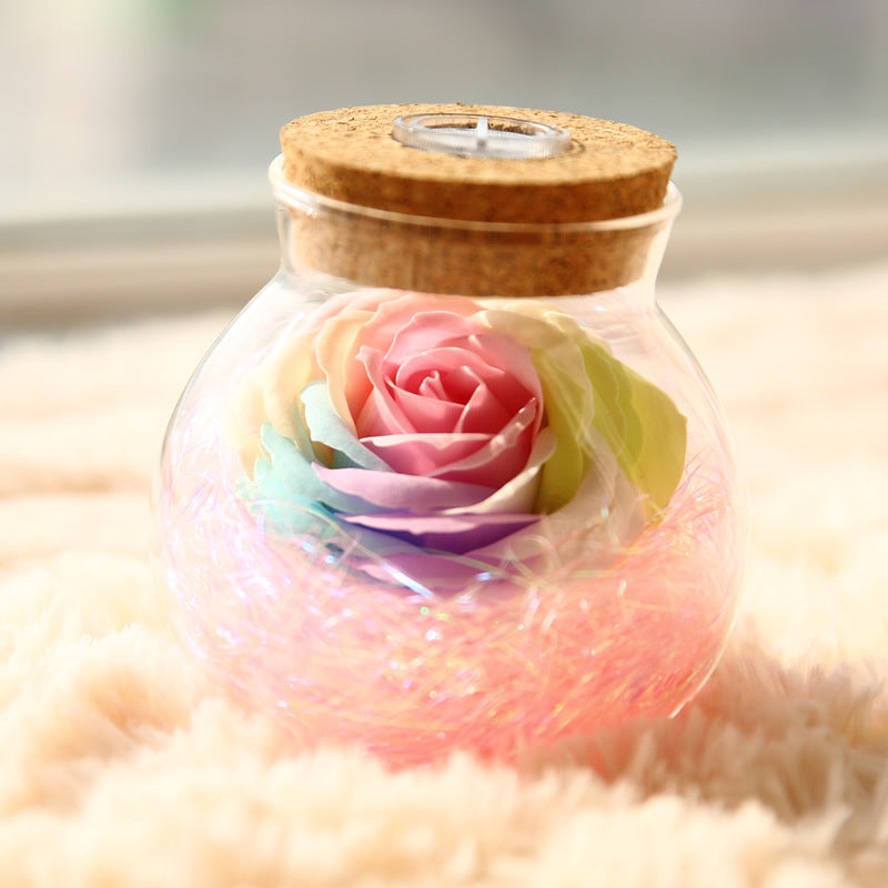 Rose Wishing Bottle Lamp ? Handcrafted Glass Jar with Preserved Soap Rose & RGB Lights